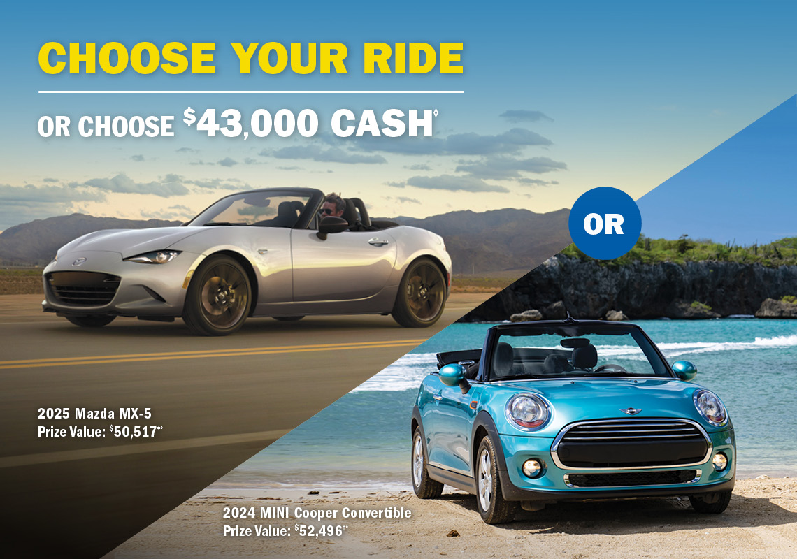 Choose your ride, or choose $43,000 cash. 2025 Mazda MX-5 & 2024 Mini Cooper Convertible.